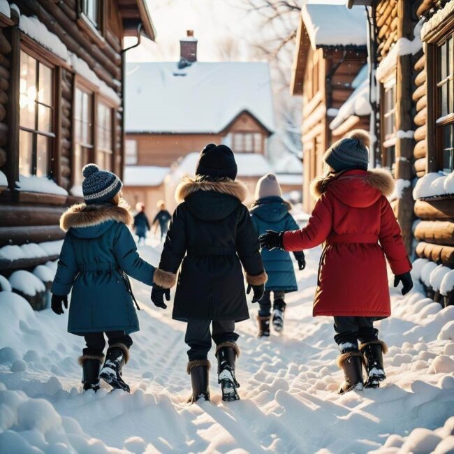 Zabawy na podwórku podczas opadów śniegu