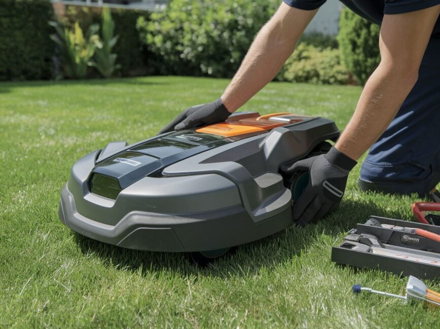 Montaż robota koszącego na zielonym trawniku